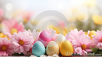 A bunch of easter eggs and flowers on a table, AI Stock Photo