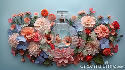 a bunch of flowers is expertly fashioned into the shape of a perfume, harmonizing the delicate blooms with the essence Stock Photo