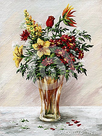 Bunch of flowers in a glass vase Stock Photo