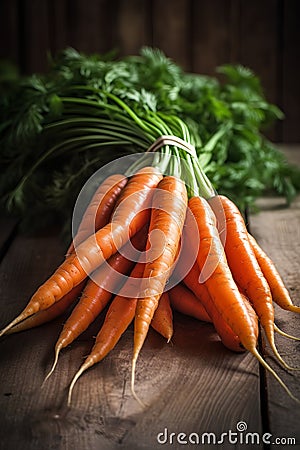 Bunch of fresh carrots on rustic wooden background, healthy food. Stock Photo