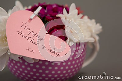 Bunch of fresh flowers with happy mothers day card Stock Photo