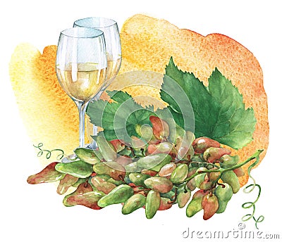 Bunch of fresh grapes and glasses of white wine. Stock Photo