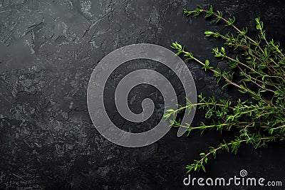 Bunch of fresh green thyme on a black slate table Stock Photo