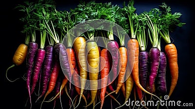 a bunch of fresh organic rainbow carrots on black background representing concept of healthy food Stock Photo