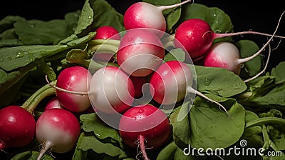 Bunch of fresh radishes with green leaves on a black background Stock Photo