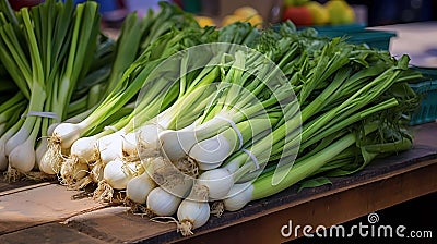 Bunch of fresh spring onions on display at a farmers market, Generative AI illustrations Cartoon Illustration