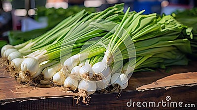 Bunch of fresh spring onions on a market stall in the city, Generative AI illustrations Cartoon Illustration