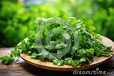 A bunch of fresh, vibrant green parsley on a thin wooden plate with a slightly blurred background Stock Photo