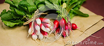 A bunch of freshly picked red radishes on crumpled kraft paper. Growing vegetables, harvesting Stock Photo