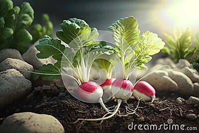 A bunch of freshly pulled radishes siting in the soil of a farm field Stock Photo