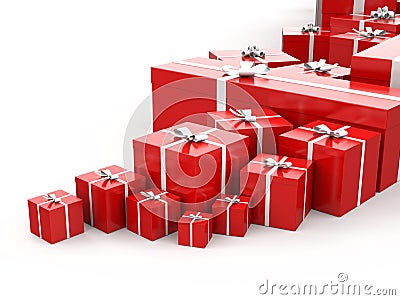 While bunch of gifts wrapped in red with white ribbons and bow ties Stock Photo