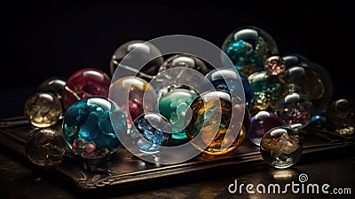 a bunch of glass marbles sitting on top of a metal tray on a wooden table with a black back ground and a black background Stock Photo