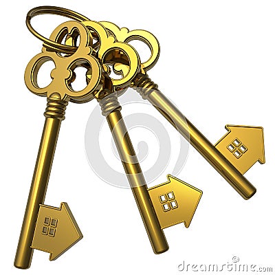 Bunch of golden house-shape keys Stock Photo