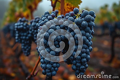 A bunch of grapes, covered in morning dew, hanging from a vine Stock Photo