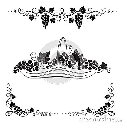 Bunch of grapes, leaves, vignettes and basket with grapes. Vector Illustration