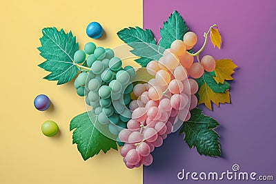 a bunch of grapes on a pastel background. Autumn mood, trendy minimalist harvest. Fashion image. Generative AI Vector Illustration