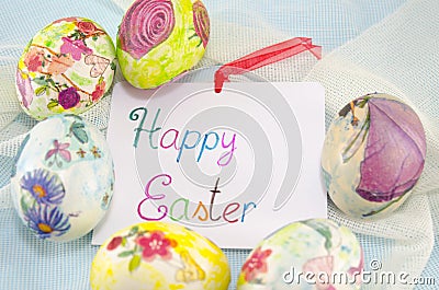 Bunch of handcolored decoupage Easter eggs Stock Photo