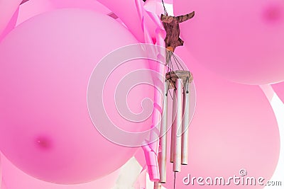 Bunch of hanging pink air balloons, wind chimes, curled ribbon, birthday party, baby shower decoration, valentine, romantic Stock Photo