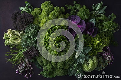 bunch of herbs include basil, cilantro, collard greens, radicchio, basil, parsley, chives, top view, greenery background.ai Stock Photo