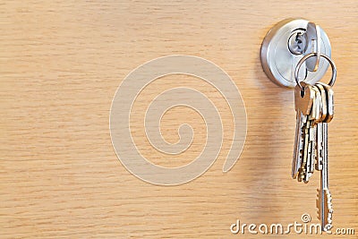 Bunch of home keys in lock of wooden door Stock Photo