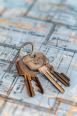 Bunch of keys on top of a map, perfect for travel or navigation concepts Stock Photo