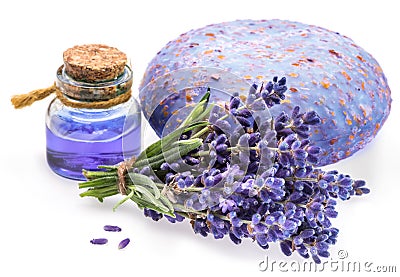 Bunch of lavandula, lavender essential oil and soap on white background Stock Photo