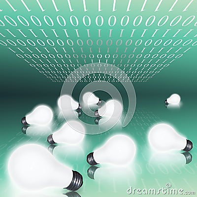 Bunch of lightbulbs and binary code Stock Photo