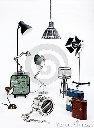 Bunch of lighting equipment on white background Stock Photo