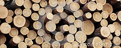 A bunch of logs, a banner. Trunks of coniferous trees. Stock Photo