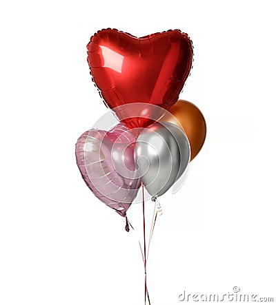 Bunch of metallic red pink heart balloons composition objects for birthday or valentines party isolated on a white Stock Photo