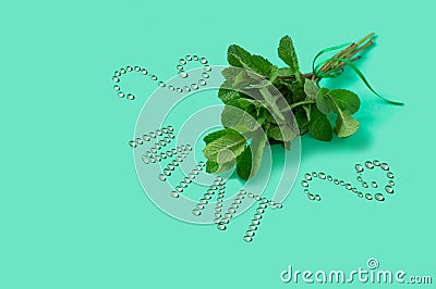 Bunch of mint and inscription drops of water Stock Photo