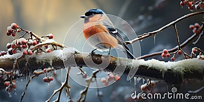 A bunch of mountain ash in winter on the snow. Winter photography. Bullfinch on a branch. Generative AI Stock Photo