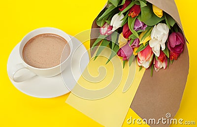 Bunch with note and cup of coffee Stock Photo