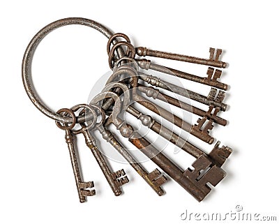 Bunch of old keys isolated on white Stock Photo