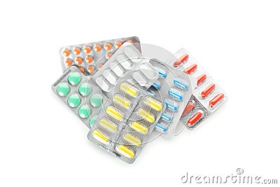 Bunch of pills in blister pack isolated on white Stock Photo