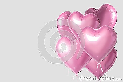 Bunch of pink color heart shaped foil balloons isolated on bright background. Minimal love concept Stock Photo