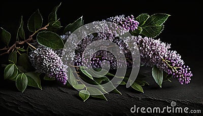 a bunch of purple flowers sitting on top of a tabl Stock Photo