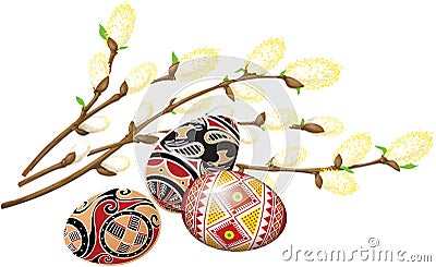 Bunch of pussy-willow and beautiful easter eggs. Vector Illustration