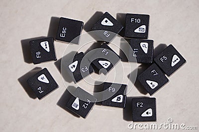 Bunch of random keys on computer keyboard. disassembled keyboard. Top view of keyboard That was disassembled to clean To see dirt Stock Photo