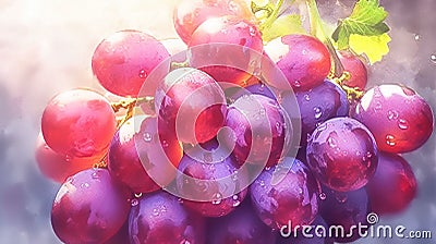 Bunch of red grapes with stem and leaf. Healthy fruits. Generative AI. Illustration for cover, card, postcard, interior design, Stock Photo