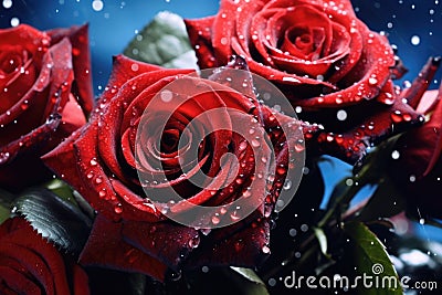 a bunch of red roses against blue background Stock Photo