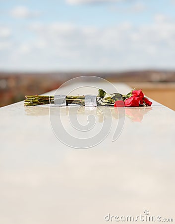 Bunch of red roses placed on marble stone wall at memorial tomb of mausoleum Stock Photo