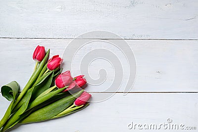 Bunch of red tulips on blue wooden table. Banner mockup card with copy space for congratulation, woman or mother day, easter, spri Stock Photo