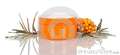 Bunch of ripe berries with sea buckthorn and leaves and jar of c Stock Photo