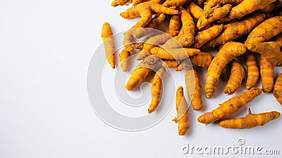 Bunch of ripe dried organic turmeric roots laid in composition on white background. Curcuma at table counter. Generative AI Stock Photo