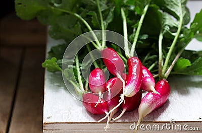 A bunch of ripe radishes with tops on a wooden background Stock Photo