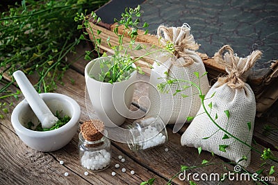 Bunch of shepherds purse, homeopathic bottle, mortar and old book. Stock Photo