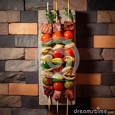 A bunch of skewers of meat and vegetables on skewers. Generative AI image. Stock Photo