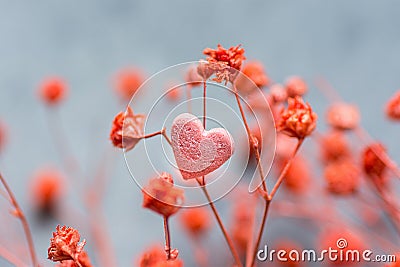 Bunch of Small Red Delicate Flowers Single Heart Shape Sugar Candy on Dark Grey Background. Romantic Valentine Mother`s Day Stock Photo