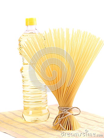 Bunch spaghetti, oil, on a table-napkin Stock Photo